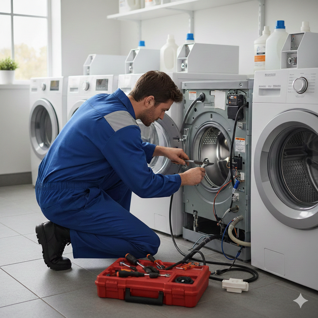Técnico abriendo y revisando interior de lavadora con herramientas