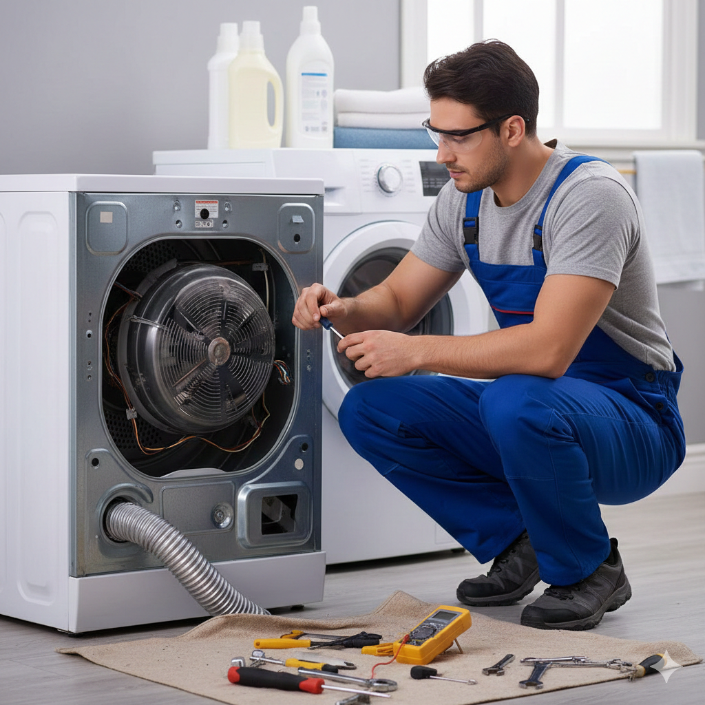 Técnico joven sonriente realizando mantenimiento a lavadora o secadora
