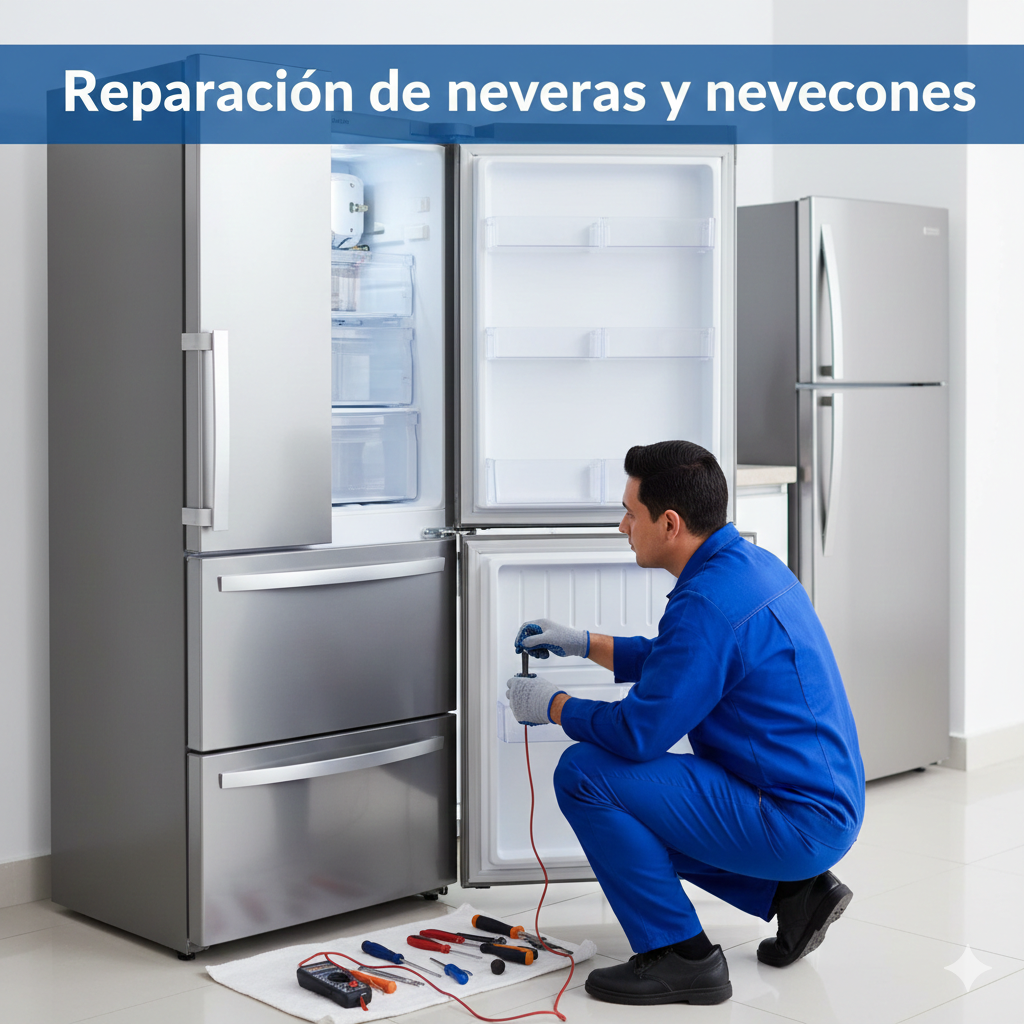 Técnico reparando nevera con puerta abierta y herramientas