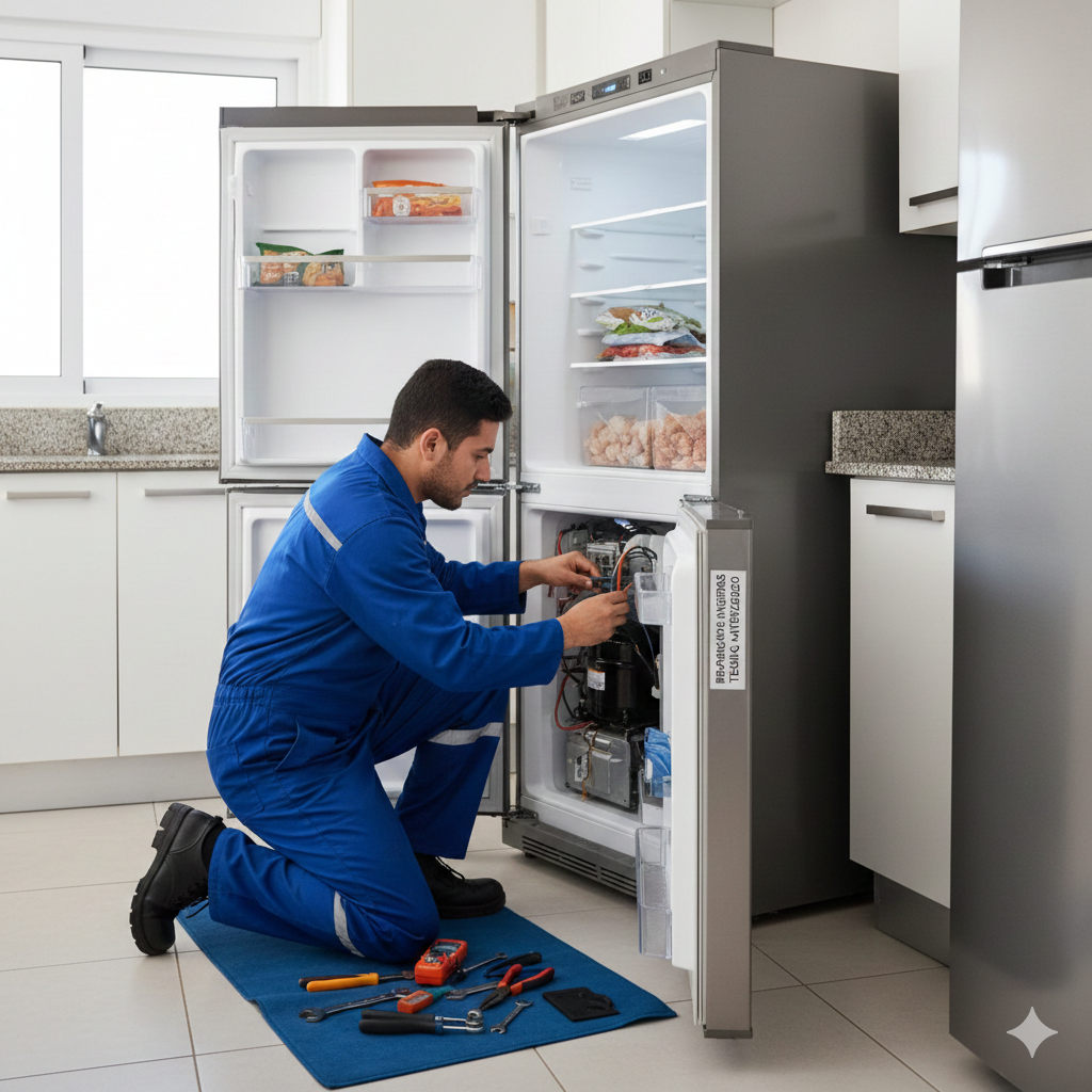 Técnico reparando nevera con herramientas y puerta abierta