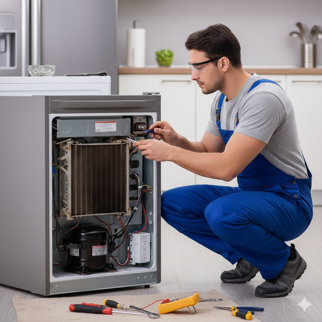 Técnico trabajando en refrigerador industrial o grande