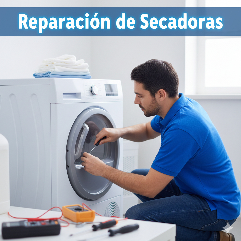 Técnico sonriente reparando secadora en taller